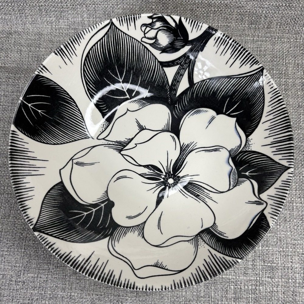 Homer Laughlin Dura Print Malay Black White Floral Pattern 1950 MCM Soup Bowl